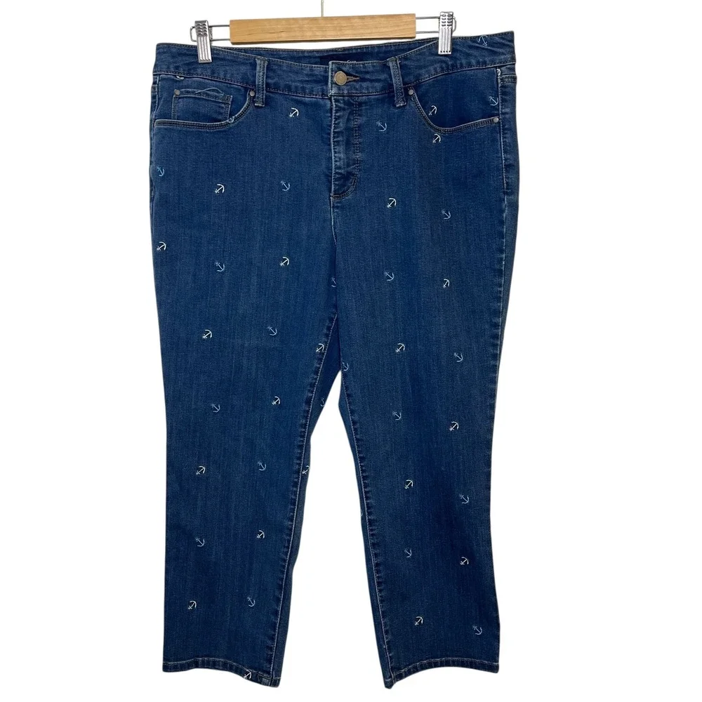 Charter Club Womens Denim Jeans Anchor Print‎ Capri Nautical Blue Casual Size 14